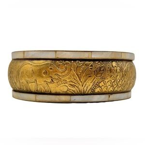 Vintage Gold Tone Elephant and Floral Engraved Mother of Pearl Inlay Bangle